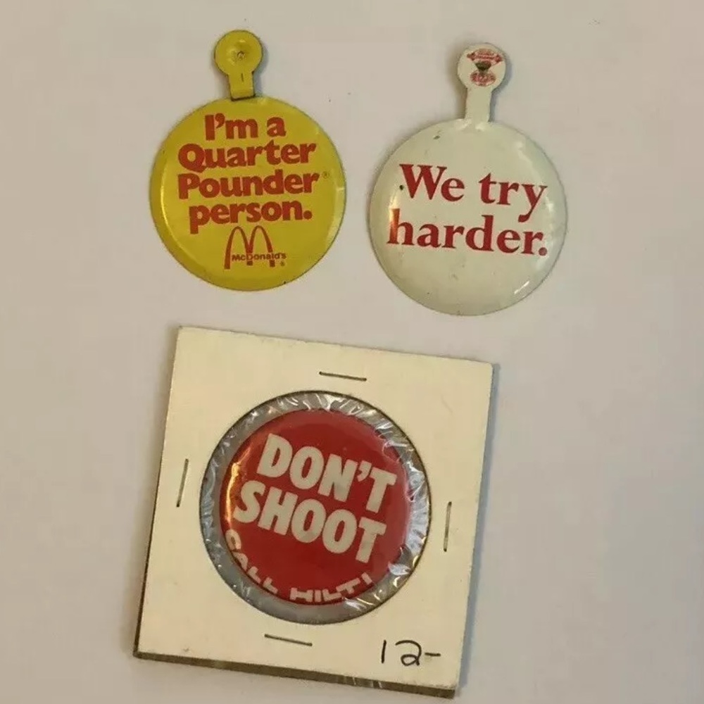 Vintage Metal Tin pin Button Lot Advertising